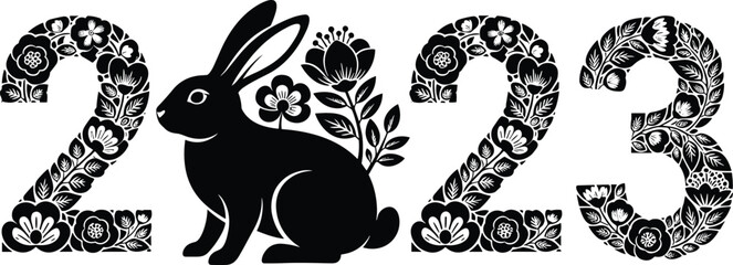 Elegant 2023 floral rabbit design vector, Chinese zodiac year of the rabbit illustration, decorative bunny silhouette, spring festival art, oriental celebration theme