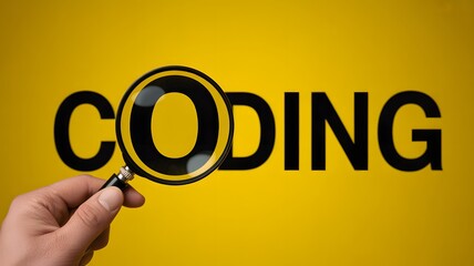 Word coding viewed through magnifying glass on yellow background, symbolizing programming, software development, technology, and digital innovation concept