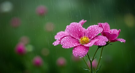 Close up of pink flower with water drops against blurred green background