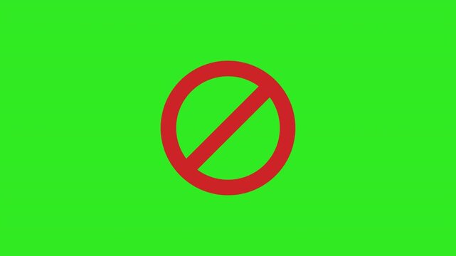 Red sign stop, cross, x, ban, cancel, prohibited icon sign animation on green screen transparent background.