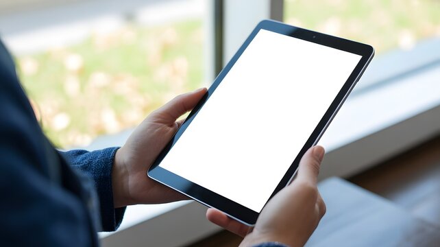 Person sitting and holding digital tablet with blank white screen at home, modern device mockup for app design, e-learning, and online technology concepts