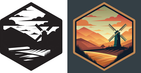 Stunning sunset illuminates rolling hills and a lone windmill in a vibrant, stylized landscape, evoking tranquility and rustic charm.