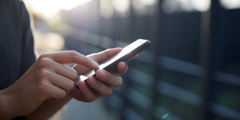 Close-up of person using smartphone outdoors with sunlight, mobile connection, modern technology, social communication, and digital lifestyle concept