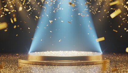 Golden stage with spotlight and falling confetti elegant platform for product display celebration background