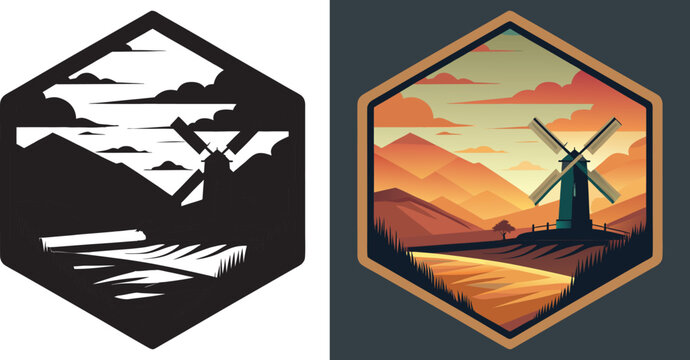 Stunning sunset illuminates rolling hills and a lone windmill in a vibrant, stylized landscape, evoking tranquility and rustic charm.