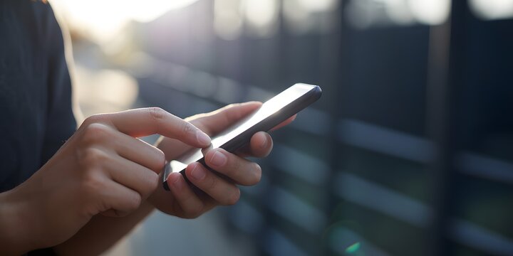 Close-up of person using smartphone outdoors with sunlight, mobile connection, modern technology, social communication, and digital lifestyle concept