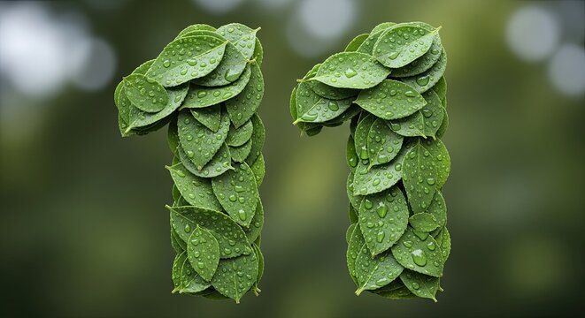 Elegant eco-friendly number eleven design featuring leaves and water droplets nature concept