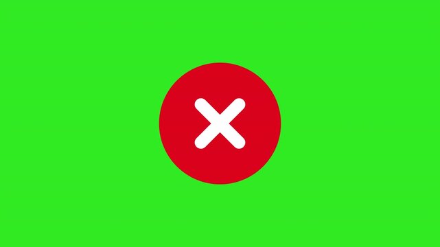 4K animation of red ban cross icon sign in circle isolated on chroma key green screen background.