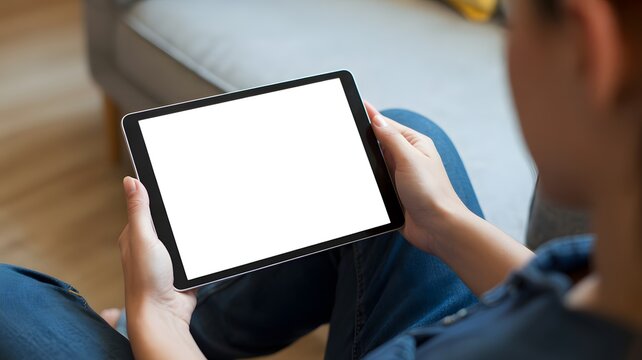 Person sitting and holding digital tablet with blank white screen at home, modern device mockup for app design, e-learning, and online technology concepts - Powered by Adobe