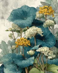 Detailed Botanical Illustration of Colorful Flowers and Leaves