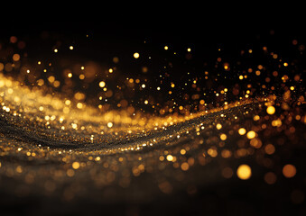 Floating Gold Shimmer Particles Illuminated by Spotlight on Blurred Black Background