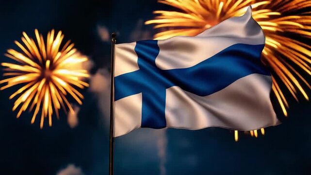 Finland flag waving with fireworks display 5.