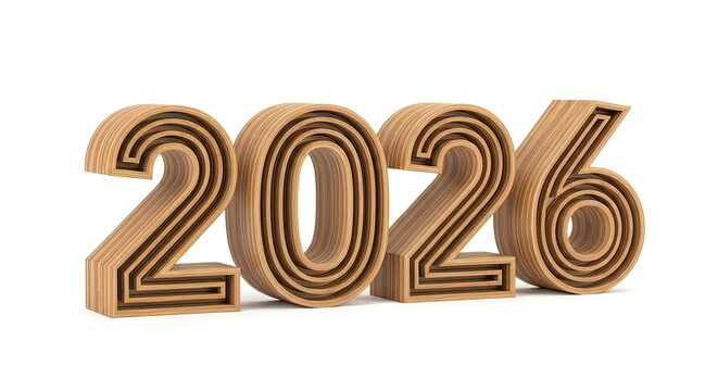 Elegant layered wood 3D rendering of the number 2026 on a white background creating a visual impact