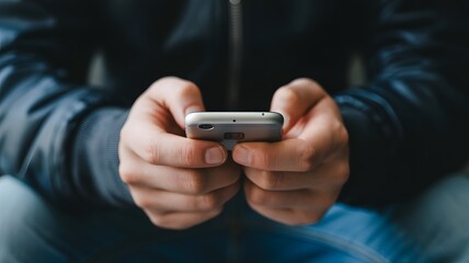 Close-up of person holding smartphone with both hands and texting, mobile communication, online messaging, and digital technology lifestyle concept