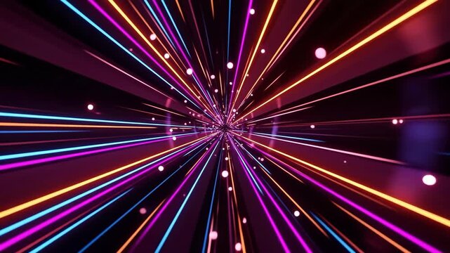 Abstract Neon Light Tunnel with Colorful Glowing Lines and Particles, Retro Cyberpunk Vibe, Digital Art Background for Sci Fi, Futuristic or Technology Themes 4K Video