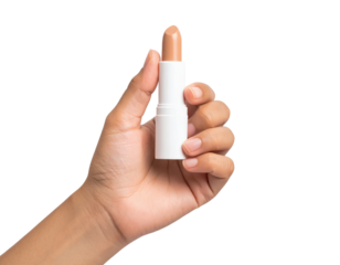 Hand holding lipstick makeup beauty product cosmetic nude color on transparent background