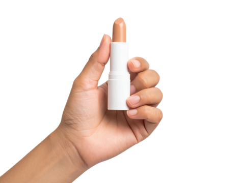Hand holding lipstick makeup beauty product cosmetic nude color on transparent background - Powered by Adobe