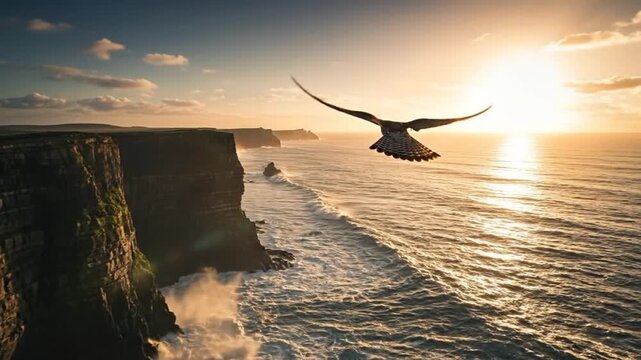 Majestic falcon soars across Irish coast, dramatic cliffs and ocean waves meet golden sunrise