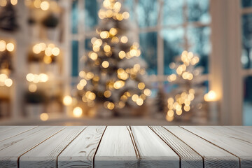 White Wooden Table with Blurred Christmas Tree Lights Background