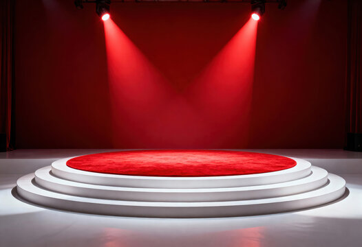 Circular tiered white stage with red carpet under twin spotlights, creating a beautiful seasonal show decor layout