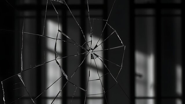 universalism. A broken glass pane with the blurred shadow of prison bars behind it. wellbeing guides, coaching materials, designed for mental health education and mindfulness programs.