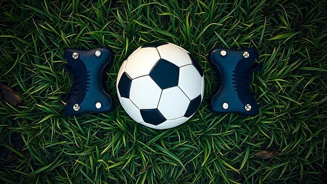 cleats. Neat arrangement of soccer ball and cleats on grassy field, morning dew highlights. event key visuals, club posters, designed for fitness apps and gym onboarding, used by sports marketers.
