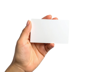 Hand holding blank business card mockup for design presentation on transparent background