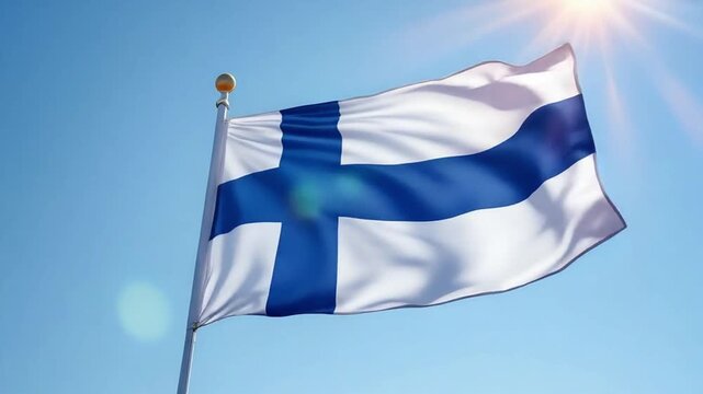 Finnish flag waving in the wind against a blue sky 5.