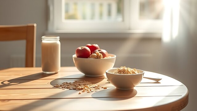 advantageous. A simple, wholesome breakfast on a sunlit wooden table with a beam of light illuminating a bowl of oats and fruit. menu design.