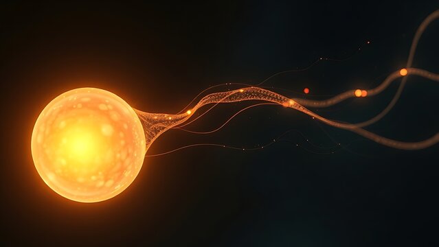 subjective. A single, glowing primordial cell dividing rapidly in a dark aquatic environment with vibrant energy trails. STEM education sheets.