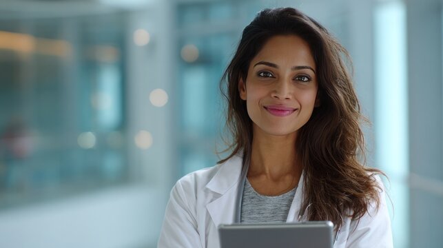 Portrait of a Dedicated Healthcare Professional: A close-up view of a confident doctor holding a tablet, radiating a sense of competence and care. Captured within a well-lit medical environment.