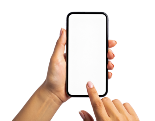 Woman hand holding phone mockup blank screen mobile application on transparent background
