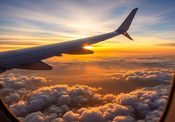 Obraz premium Airplane wing view with clouds and sunset sky from the window during golden hour flight travel trip