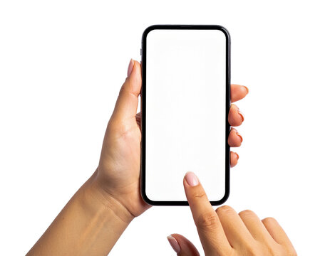 Woman hand holding phone mockup blank screen mobile application on transparent background
