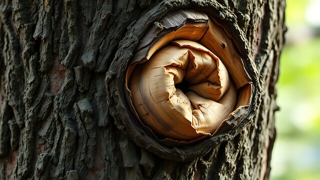custodianship. Close-up of tree trunk with abnormal swelling and torn bark, textured botanical imperfection. gardening catalogs, home-decor guides, designed for gardening and botanical catalogs.