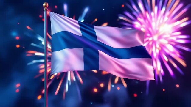 Finland flag waving in front of fireworks display 6.