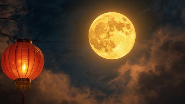 Golden Full Moon with Lanterns on Lantern Festival Night