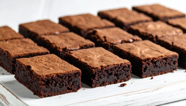 Delicious chocolate brownies arranged neatly on a wooden tray, tempting dessert for all