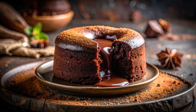 A Delicious chocolate lava cake with melted chocolate