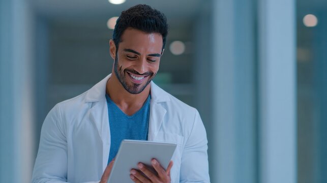 Smiling Doctor Using Tablet: A professional doctor, dressed in a lab coat, navigates a tablet in a bright corridor, symbolizing the intersection of technology and healthcare.