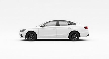 Fototapeta premium A white sedan car is shown in a side view against a plain white background.