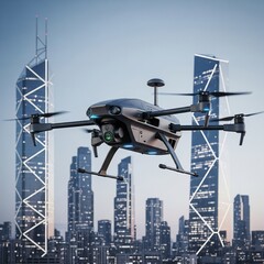 An advanced surveillance drone equipped with a camera soars through a futuristic city skyline, symbolizing the future of urban monitoring and aerial technology