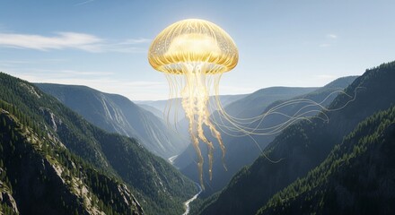 An otherworldly golden luminous jellyfish, a vision of ethereal beauty, drifts serenely above a majestic forested mountain range, its radiant glow illuminating the deep valley below at daylight