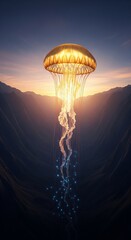 Glowing Golden Jellyfish Over Serene Mountainous Landscape at Sunset Nature's Art
