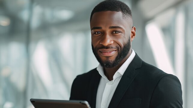 Confident Professional: A distinguished man in a sharp suit exudes confidence, gazing directly at the viewer with a subtle smile. He is holding a digital tablet in a modern office.