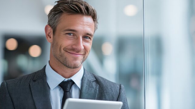 The Confident Executive: A distinguished executive exudes assurance, with a tablet. The executive, wearing a tailored suit, stands by large windows, with a subtle smile. 