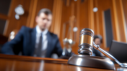 A gavel rests on a judge's bench in a courtroom, symbolizing justice and legal proceedings.