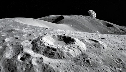 A captivating view of the Moon's surface, featuring a crater and the Earth in the distance, bathed in the soft glow of space. The scene evokes a sense of wonder and the vastness of the universe. 