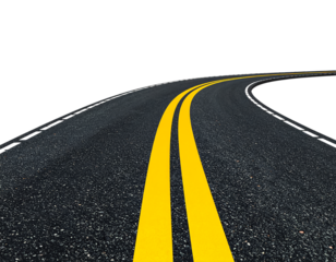 Stock photo of asphalt road with yellow lines curve perspective on transparent background