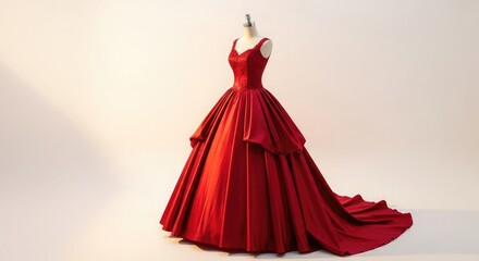 Elegant red ball gown with a long train displayed on a mannequin against a plain background.